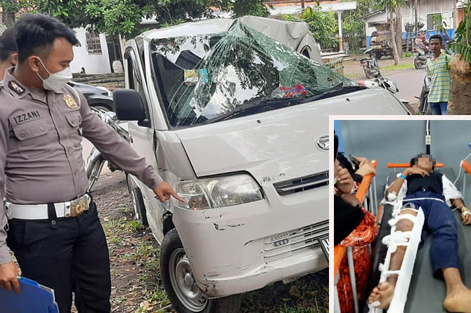 ADU MONCONG: Kondisi pikap usai tertabrak motor dan oleng nabrak pohon di Kropak, Bantaran. Inset pengendara motor yang alami patah tulang. (Satlantas Polres Probolinggo for Jawa Pos Radar Bromo)