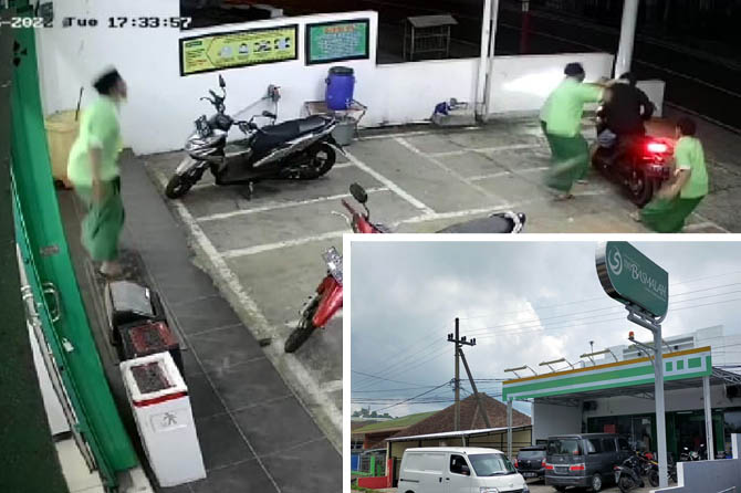 GAGALKAN CURANMOR: Empat Santri saat menggagalkan pencurian motor di Toko Basmalah. Inset toko Basmalah lokasi pencurian.