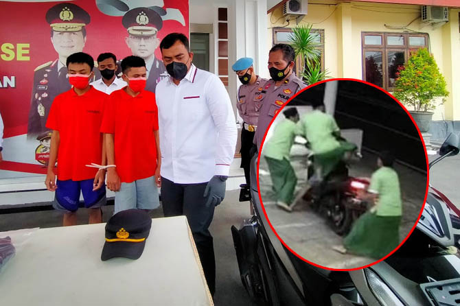 DIKELER: Dua tersangka curanmor, Eka dan Andriyan, dibawa anggota Satreskrim Polres Pasuruan. Inset, TKP curanmor di Toko Basmalah Wonosari, Tutur. (Foto: Iwan Andrik/Jawa Pos Radar Bromo)