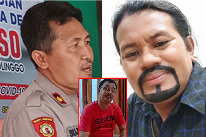 DIHADAPI: Kapolsek Kraksaan Kopol Sujianto (kiri), Sahlal Hariyadi (kanan) yang kini menjadi buron atas kasus penganiayaan terhadap Hadari (inset).