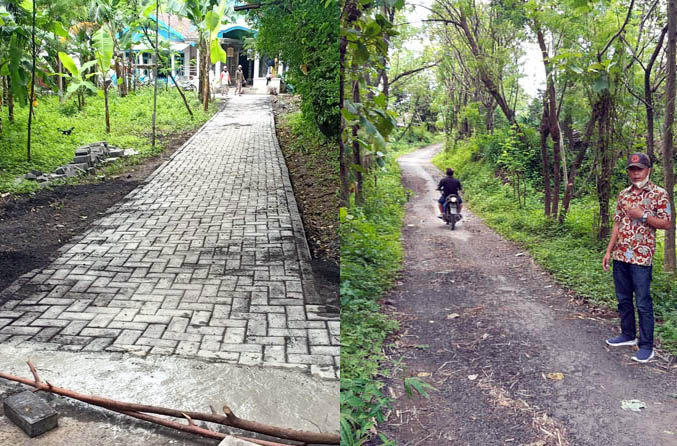 LEBIH BAIK: Jalan Dusun Arisan, Desa Banjarsawah, lebih nyaman dilintasi setelah dipaving. Serta, salah satu jalan di dusun yang sama dan akan diaspal pada tahun ini. (Foto: Pemdes Banjarsawah for Jawa Pos Radar Bromo)