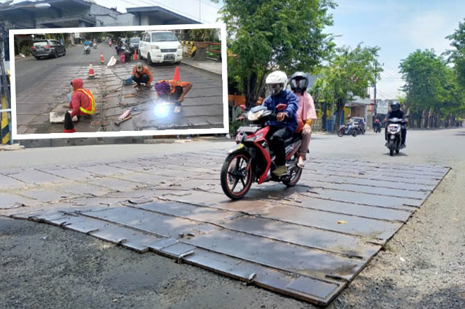 BIKIN WASWAS: Pelat besi di jembatan Okabawes, Kelurahan Dermo, Kecamatan Bangil, Kabupaten Pasuruan. Kondisi jembatan yang rentan ambles membuat pengguna jalan waswas. Inset, pelat besi itu sudah dilas Minggu (27/2). (Iwan Andrik/Radar Bromo-BBPJN)