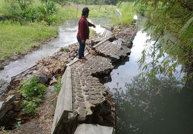 AMBROL: Plengsengan saluran di Dusun Krian, Desa Pekoren, Rembang, rusak memanjang. Tanggul yang jebol di Pekoren panjangnya 18 meter. (Foto: Istimewa)