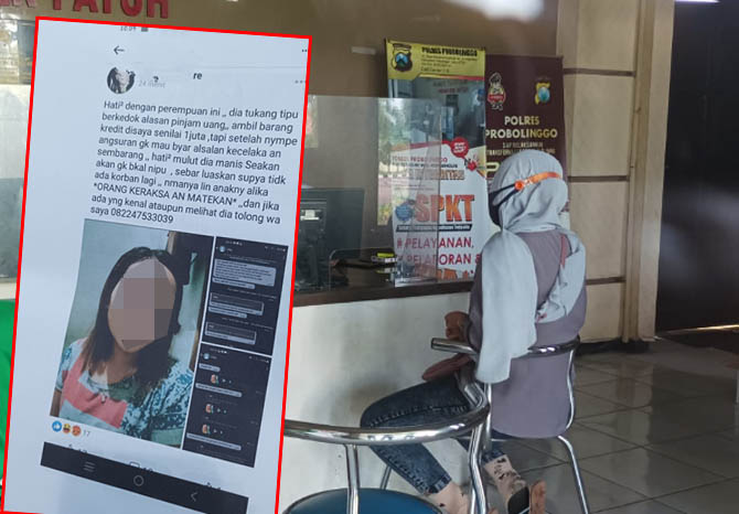 LAPOR: Mutmainah saat berada di SPKT Polres Probolinggo, Senin (28/2) pagi. Inset, screenshot unggahan di sosial media. (Foto: Agus Faiz Musleh/Jawa Pos Radar Bromo)