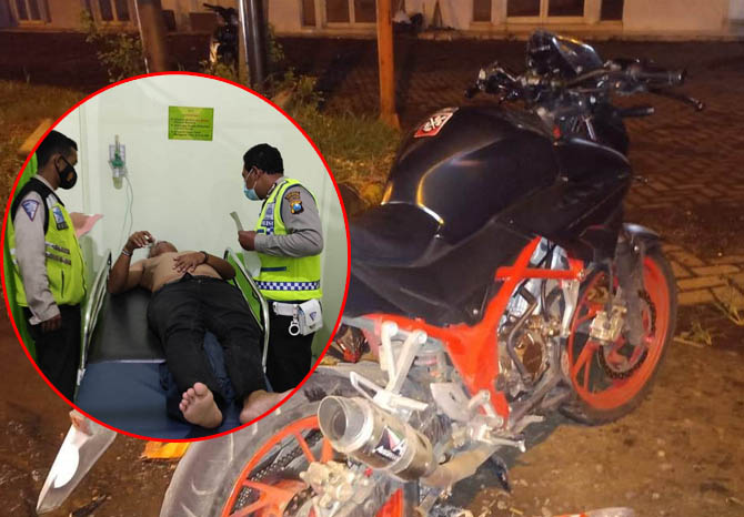 DIAMANKAN: Motor Honda CB yang terlibat kecelakan di di Desa Ngadimulyo, Kecamatan Sukorejo. Inset: Salah seorang korban kecelakaan lalu lintas di Desa Ngadimluyo, mendapatkan perawatan medis di RS Sahabat di Desa Suwayuwo, Kecamatan Sukorejo. (Foto: Posl