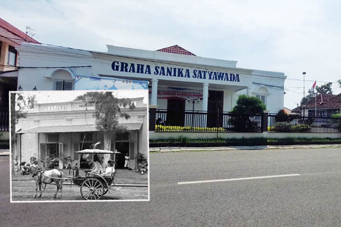 SERBAGUNA: Graha Sanika Satyawada yang dahulunya kweekschool (inset) yang di era kolonial menjadi tempat untuk pendidikan guru pertama sebelum mengajar di sekolah. (Foto: Rizky Putra Dinasti-Budi for Jawa Pos Radar Bromo)
