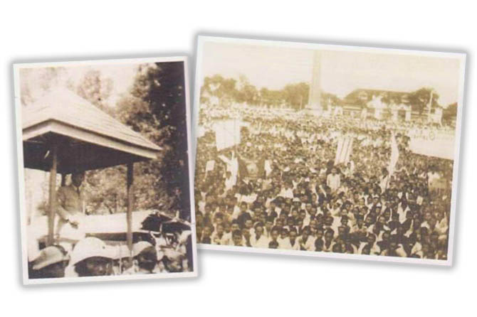 DULU: Bung Karno saat berpidato dalam upacara peringatan Kemerdekaaan RI pada 1950 di Alun-alun Kota Pasuruan. Dan suasana Alun-alun tahun 1957. (Istimewa)