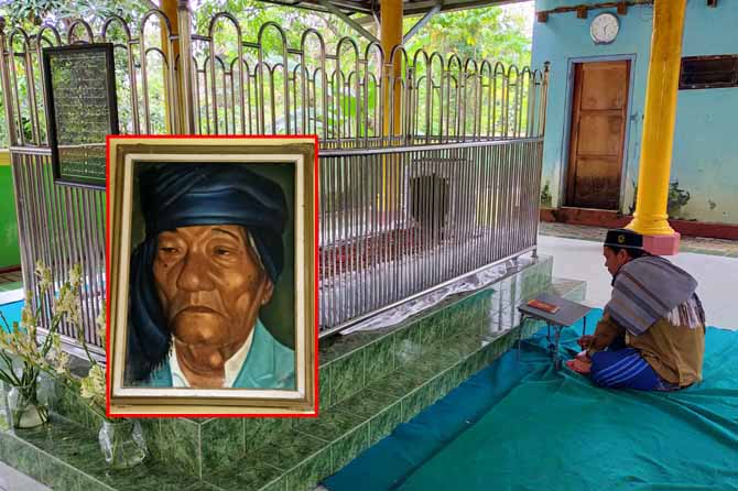 ZIARAH: Salah seorang warga berziarah ke makam Mbah Dul di Dusun Banjar Tempuran, Desa Banjarkejen, Kecamatan Pandaan, Kabupaten Pasuruan. Inset, lukisan Mbah Dul, ketika masih hidup. (Foto: Rizal Fahmi Syatori/Jawa Pos Radar Bromo)