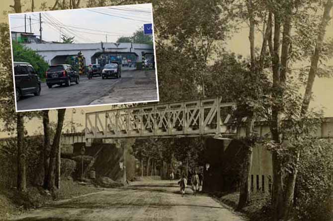 TAHUN 1900: Jembatan viaduk di Gempol yang dulu terlihat rindang dengan banyaknya pepohonan. Inset, kendaraan melintas di bawah viaduk Gempol. Sampai saat ini viaduk menjadi perlintasan kereta api. (Foto: Istimewa-M Zubaidillah/Jawa Pos Radar Bromo)