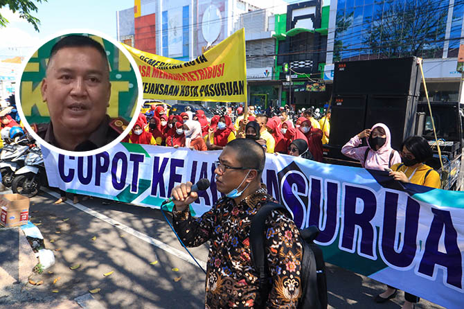 PICU POLEMIK: Karyawan senkuko saat melurug kantor Kejari Kota Pasuruan. Inset Kajari Kota Pasuruan Maryadi Idham Khalid memberikan keterangan usai didemo karyawan Senkuko, (23/5). (Mokhamad Zubaidillah-Muhamad Busthomi/Radar Bromo)