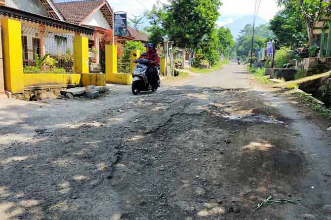 BOPENG-BOPENG: Kondisi ruas Jalan Desa Sekarmojo, Kecamatan Purwosari, yang rusak parah dan penuh lubang akan diperbaiki pada 2022 ini. (Foto: Rizal Syatori/Jawa Pos Radar Bromo)