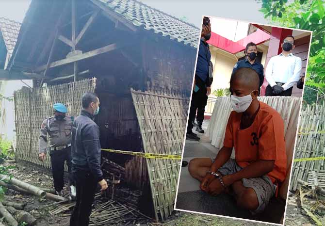 DIBAKAR: Kandang milik Sn yang dibakar massa. Inset, Jailani salah satu pelaku penganiayaan dan perusakan rumah dalam kasus isu santet kini sudah diamankan polisi. (Foto: Achmad Arianto/Jawa Pos Radar Bromo)