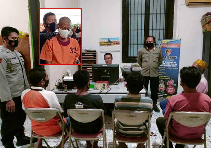 HARUS TANGGUNG JAWAB: Lima pelaku perusak rumah SN yang sudah diamankan polisi. Sebelumnya polisi sudah membekuk Jailani (Inset). (Foto: Istimewa)
