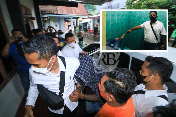 TEGA: Tersangka Hasanudin saat dikeler petugas. Inset, jenazah korban saat pertama kali ditemukan di kamar mandi vila. (Mokhamad Zubaidilah/Jawa Pos Radar Bromo-Polsek Prigen)
