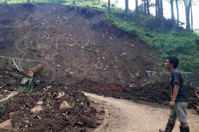 RAWAN LONGSOR: Tebing di sepanjang jalan tembus dari Tutur, Kabupaten Pasuruan, menuju Jabung, Kabupaten Malang, rentan tergerus air hujan. (Foto: Rizal F Syatori/Jawa Pos Radar Bromo)
