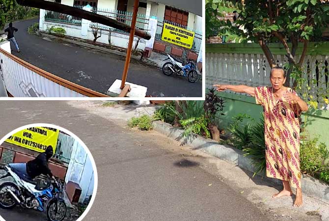 TAK AMAN: Jumaiyah, 70, menunjukkan tempat dia menyapu kemarin (20/6), saat seorang lelaki tak dikenal menghampiri dan menjambret kalungnya. Inset rekaman CCTV yang menunjukkan aksi pelaku jambret.