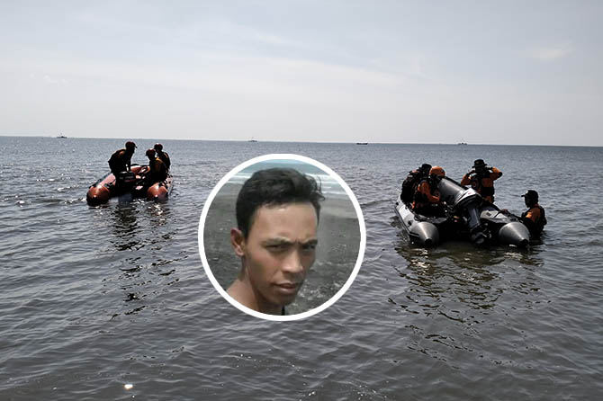 PENYISIRAN: Tim gabungan melakukan pencarian Alex di perairan Gending. Sampai sore, korban masih belum ditemukan. Inset Alex yang belum ditemukan. (Achmad Arianto/ Radar Bromo-Istimewa)