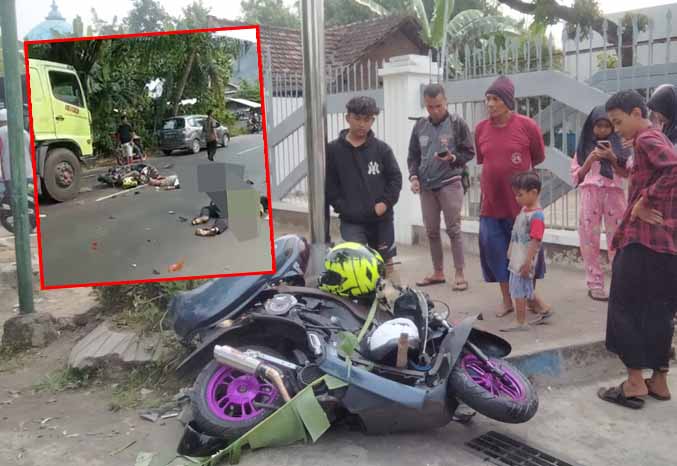 JADI TONTONAN: Motor yang terlibat kecelakaan di Wonorejo. Inset: Dua korban sebelum dievakuasi. (Foto M Busthomi/Jawa Pos Radar Bromo)