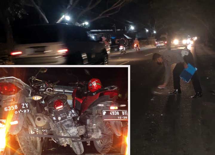 NAHAS: Petugas Satlantas saat melakukan olah TKP. Inset, tiga motor yang terlibat kecelakaan diamankan polisi.