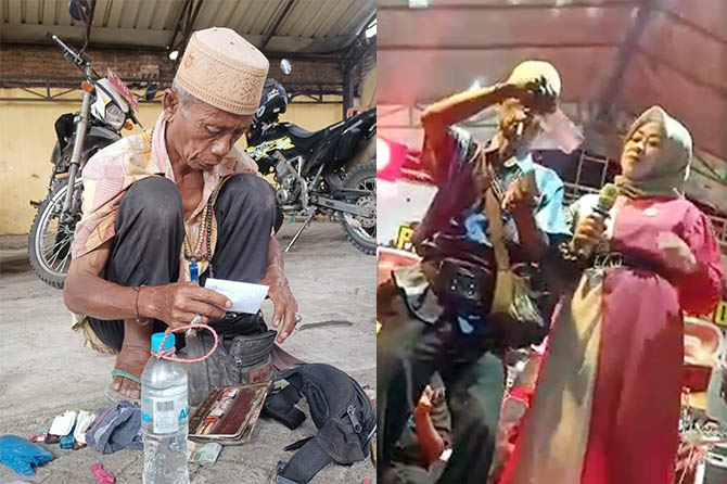 BIKIN GEGER: Ahmad alias Mul saat diciduk Satpol PP Kabupaten Probolinggo. Dan screenshot Mul saat nyawer. (Achmad Arianto/Radar Bromo-Istimewa)