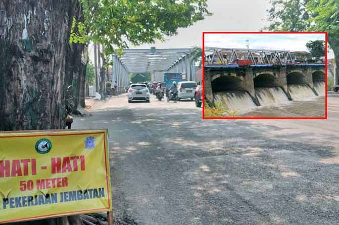 SATU BULAN: Pengumuman perbaikan Jembatan Kedunglarangan sisi selatan yang disertai pengalihan arus lalu lintas dari arah Banyuwangi ke Surabaya. Inset, jembatan Kedunglarangan sisi utara yang dibangun pada masa Belanda tetap bertahan hingga sekarang. (Fo