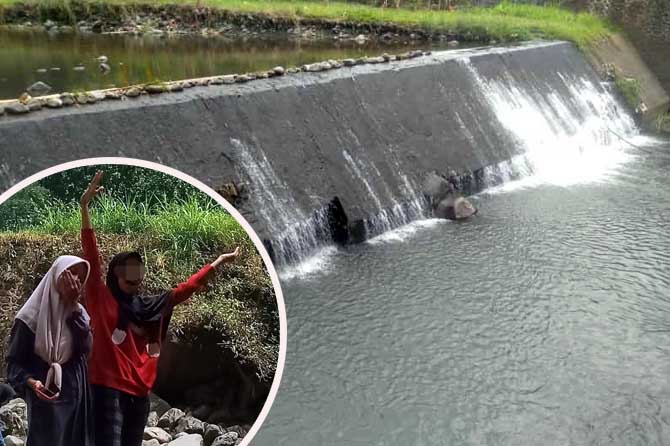 TRAGEDI: Dam Paleran, Kuripan tempat korban tenggelam. Inset dua siswi berfoto sebelum tenggelam.