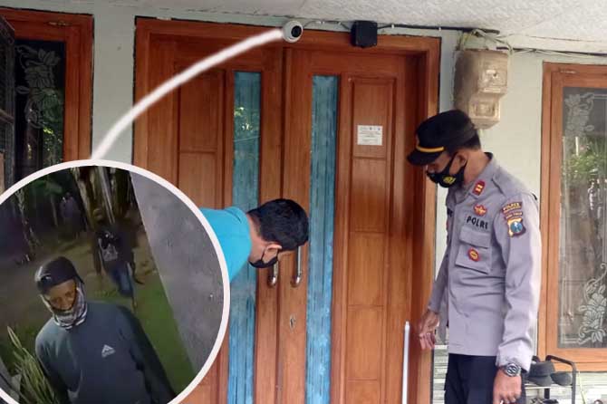 Polisi saat melakukan olah TKP di rumah yang disebut disatroni maling. Inset, rekaman CCTV yang menunjukkan kawanan pelaku menenteng celurit mendatangi rumah yang kosong.