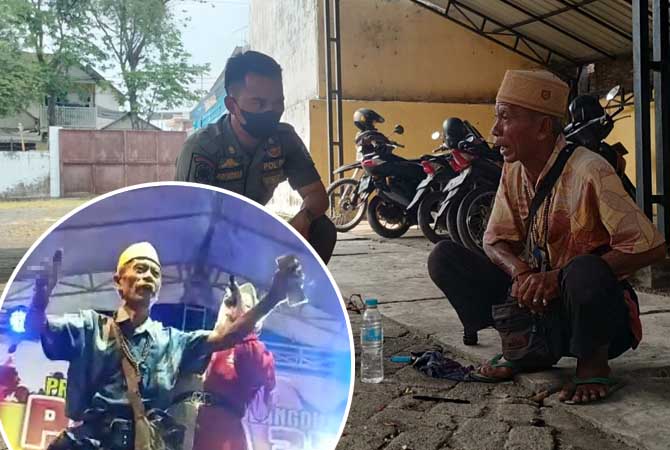 DIBERI PEMBINAAN: Ahmad alias Mul saat diberi pembinaan petugas Satpol PP di Kraksaan. Inset, Mul saat asyik nyawer biduan dangdut di sebuah orkes dangdut. (Achmad Arianto/ Radar bromo)