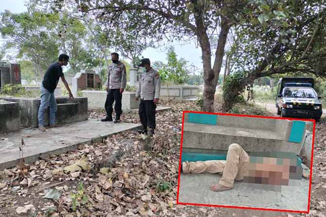 LOKASI: Polisi berada di makam Cina di Desa Krampilan, Kecamatan Besuk, tempat jenazah Asan (inset) ditemukan Jumat (9/9) pagi. (Foto: Istimewa)
