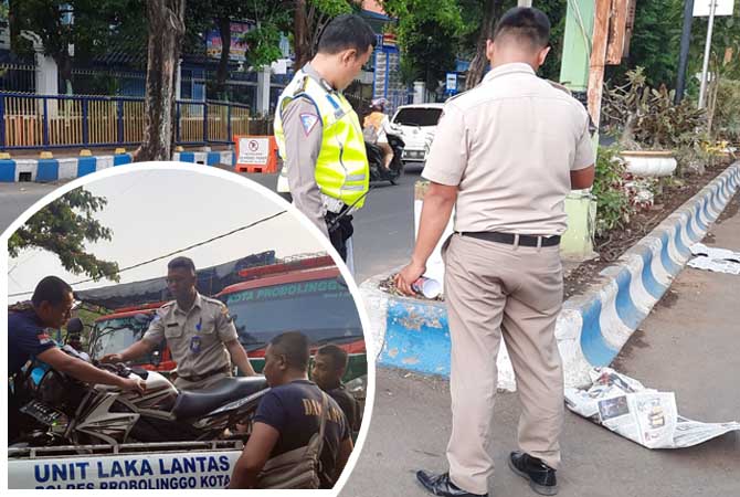 TKP: Polisi saat meninjau lokasi tempat korban serempetan. Inset, motor korban diamankan. (Fahrizal Firmani/Jawa Pos Radar Bromo)