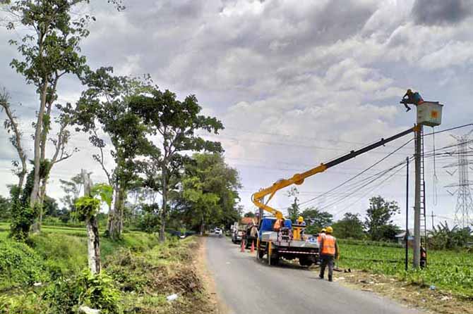 PENANGANAN: Petugas PLN melakukan perbaikan jaringan listrik di Desa Klenang Lor, Kecamatan Banyuanyar. (Foto: Achmad Arianto/Jawa Pos Radar Bromo)