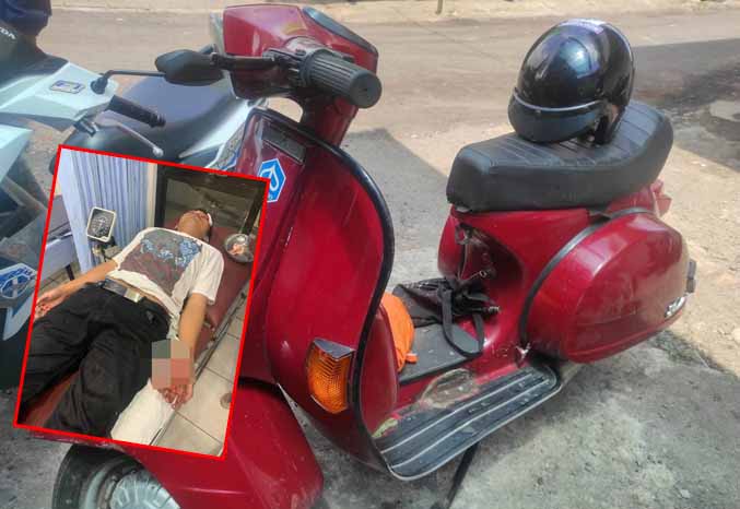 DIRAWAT: Vespa yang dikendarai korban. Inset, Satrio Yoga Prasojo menjalani perawatan di IGD Puskesmas Purwosari, Kabupaten Pasuruan, sesaat setelah kecelakaan. (Foto: Polantas Purwosari for Jawa Pos Radar Bromo)