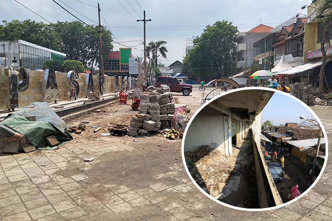 BAKAL BERLANJUT: Akses Pasar Besar yang kini sudah dipaving. Inset; kondisi kios mangkrak di lantai dua Pasar Besar. Pemkot Pasuruan menargetkan revitalisasinya pada tahun depan. (Muhamad Busthomi-Dok. Radar Bromo)
