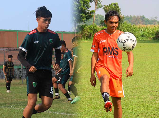 KEHILANGAN PENDAPATAN: Striker Persekabpas Ricko Hardiansyah saat uji coba melawan Persis Solo beberapa waktu lalu (foto kiri). Gelandang Pasuruan United Ceppy Akhmad Pribadi bersama teman-temannya saat berlatih. Saat Liga 3 Jatim batal diputar, mereka ki