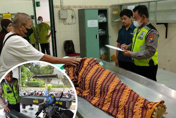 Jenazah korban saat dibawa ke kamar jenazah. Inset motor korban.