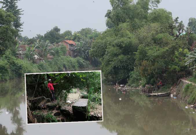 PERLU PERBAIKAN: Kondisi plengsengan Kali Kedunglarangan yang jebol di RT 01 RW 02 Lingkungan Pesanggrahan, Kelurahan Gempeng, Kecamatan Bangil, Kabupaten Pasuruan. (Foto: M Zubaidillah/Jawa Pos Radar Bromo)