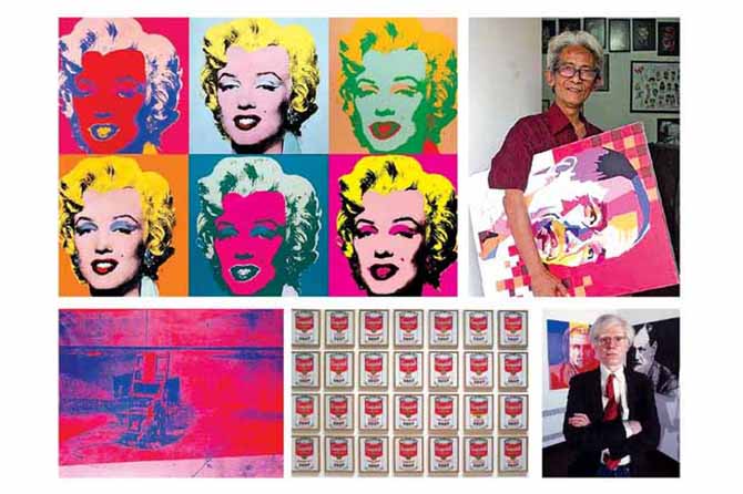 SEARAH JARUM JAM: Poster Marilyn Monroe, Wedha Abdul Rasyid dan potret Jokowi karyanya, Kursi Listrik, Kaleng Sup Campbell dan foto diri Andy Warhol. (Istimewa)