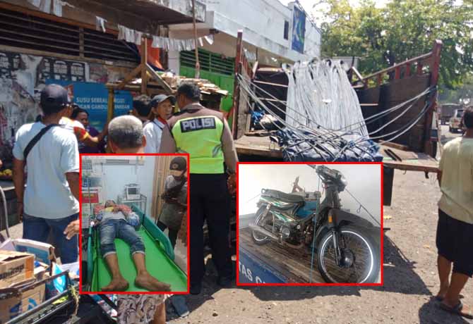 SIAL: Truk yang tabrak warung kopi dan motor penjual cilok di Gempol. Inset, Johan Subroto pelanggan warkop yang luka berat dan motor bakul cilok yang ditabrak. (Foto: Unit Lantas Polsek Gempol for Jawa Pos Radar Bromo)