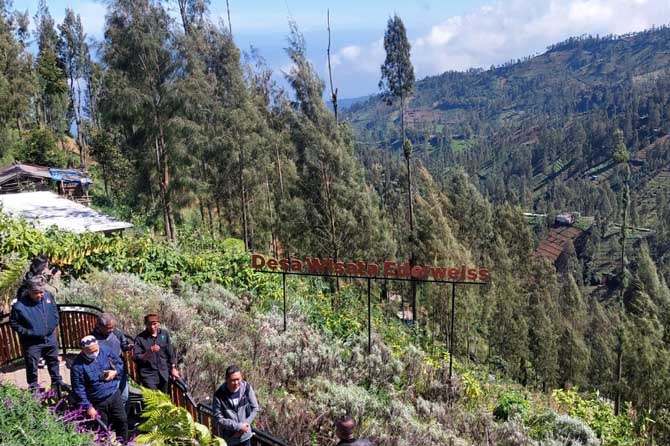 VIEW MENAWAN: Teguh Wibowo ketua Poktan Hulun Hyang menerangkan tentang wisata taman Edelwiess kepada kepala BI Malang dan rombongan awak media. (Arif Mashudi/ Radar Bromo)