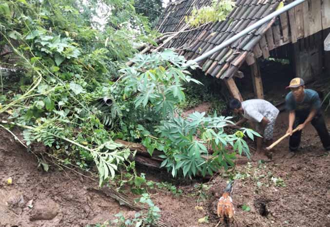 AMBROL: Tembok penahan tanah yang ambrol di Tambakukir, Kotaanyar. Longsor ini terjadi usai hujan mendera sejak Selasa (7/2) siang. (Foto: Istimewa)