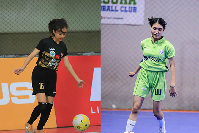 MERASA NYAMAN: Pingkan Ari Nugrayni, salah satu penggawa tim futsal putri Kabupaten Pasuruan saat menggocek bola dalam sebuah Liga Futsal yang digelar di UIN Malang, beberapa waktu lalu, (foto kiri). Arini Dwi Agustina (kanan). (Dok. Pribadi)