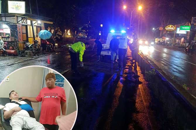 Petugas kepolisian saat melakukan olah TKP. Inset korban penumpang Suzuki Splash saat dirawat.