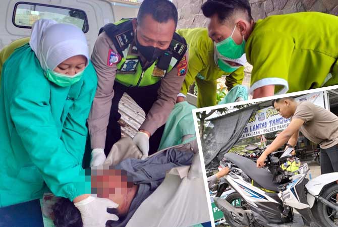 Petuga saat membawa korban ke RS. Inset motor korban alami ringsek parah saat diamankan. (Rizal Syatori/ Radar Bromo)