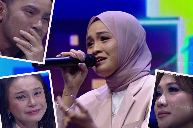 Salma Idol saat membawakan lagunya sendiri tentang kerinduan pada orang tuanya. Inset Judika, Rossa dan BCL tak kuasa meneteskan air mata saat mendengar lantunan lagu yang dibawakan Salma. Mereka langsung teringat pada keluarga. (Screenshot Indonesia Idol