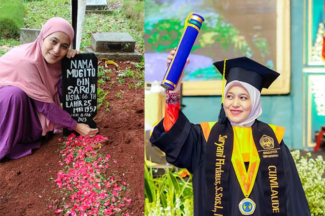 LULUS CUMLAUDE: Suryani Firdaus berhasil menyelesaikan S2 Ilmu Komunikasi di Unitomo, Surabaya dengan status cumlaude. Inset Suryani di makam ayahandanya. (Istimewa)