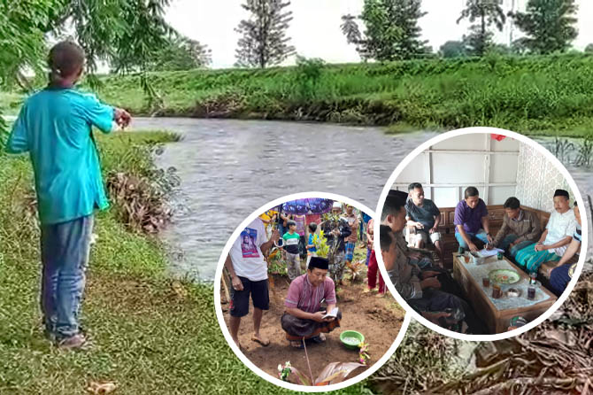 DERAS: Seorang warga menunjukkan lokasi ditemukannya jasad Imron di sungai Dusun Kasengan, Desa Sumberkatimoho, Kecamatan Krejengan. Inset; proses pemakaman korban di Krobungan. Dan penolakan untuk otopsi. (Polsek Gading for Jawa Pos Radar Bromo)
