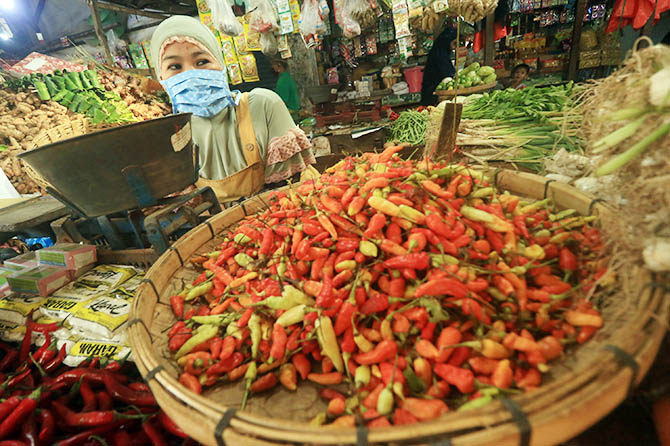 KIAN PEDAS: Pedagang cabai rawit di Pasuruan. (Mokhamad Zubaidillah/Radar Bromo)