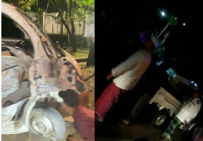 LOKASI KEJADIAN: Warga di lokasi kecelakaan di Jalan raya Kejayan-Purwosari, Minggu (3/4) malam. Kiri, Pikap Gran Max yang rusak usai kecelakaan. (Foto: Istimewa)
