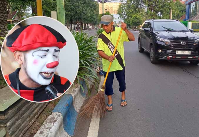 YANG PENTING HALAL: Bang Yeye saat menjadi petugas kebersihan di DLH Kota Probolinggo. Inset, Bang Yeye tampil menjadi badut saat mengisi sebuah acara. (Foto: dok pribadi)