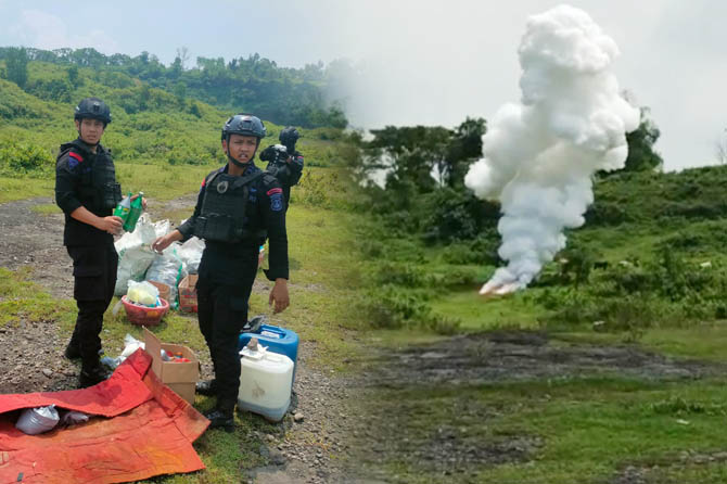 LIBATKAN TIM JIBOM: Proses pemusnahan barang bukti bahan peledak yang diamankan polisi di lahan eks tambang galian C desa Bulusari, Gempol, (17/4). (Rizal Syatori/Radar Bromo-Istimewa)